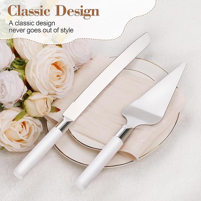 TUKDAK Cake Cutting Set for Wedding, Wood Cake Knife and Server Set, Vintage 2-Piece Pie Cake Cutter, White Pizza Dessert Utensils Bridal Anniversary Birthday Quinceañera Gift (White)