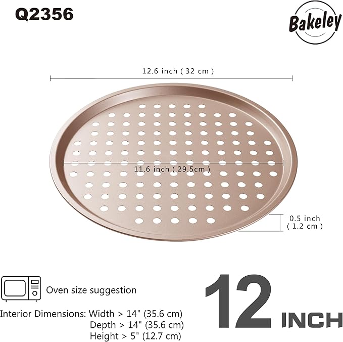 Bakeley 12-inch Air Crisp Perforated Pizza Pan with Hole, Heavy Duty Carbon Steel, Non-Stick Pancake Bakeware for Oven Baking (Champagne Gold)