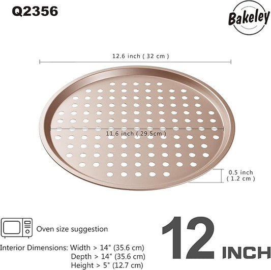 Bakeley 12-inch Air Crisp Perforated Pizza Pan with Hole, Heavy Duty Carbon Steel, Non-Stick Pancake Bakeware for Oven Baking (Champagne Gold)