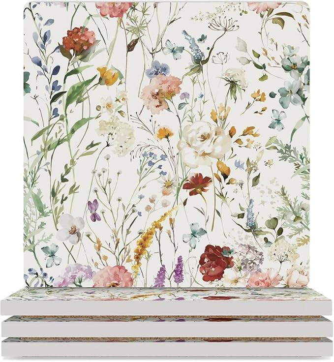 Floral Drink Coasters, Square Ceramic Drink Coaster Square-4PCS, Watercolour Colorful Flower Herb Nature Plant Floral Decor Absorbent Ceramic Coasters for Beverage Cup, Bar, Coffee Table
