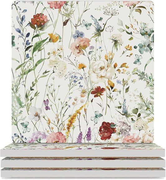 Floral Drink Coasters, Square Ceramic Drink Coaster Square-4PCS, Watercolour Colorful Flower Herb Nature Plant Floral Decor Absorbent Ceramic Coasters for Beverage Cup, Bar, Coffee Table