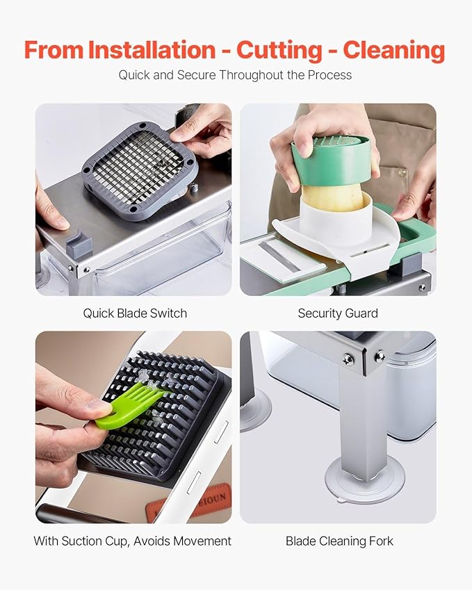 8-in-1 Mandoline Slicer & Vegetable Chopper, Includes 8 Stainless Blades for Cheese, Onion, Potato, Salad, Comes with 55.8 oz Container and Suction Cup Base