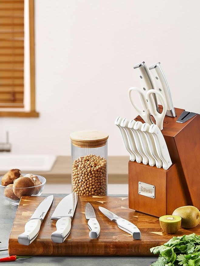 Knife Set, D.Perlla 15 Pieces Kitchen Knife Set with Built-in Sharpener, Stainless Steel kitchen Knives with Unique Waved Pattern, Non-slip Handle, Brown