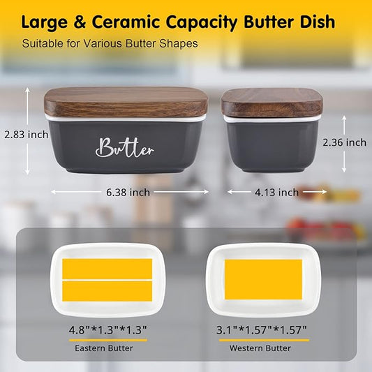 Gray Butter Dish, ALELION Large Ceramic Butter Dish with Lid for Countertop, Butter Container with Acacia Wooden Lid, Modern Country Kitchen Decor and Accessories for Counter, for Kitchen Gifts