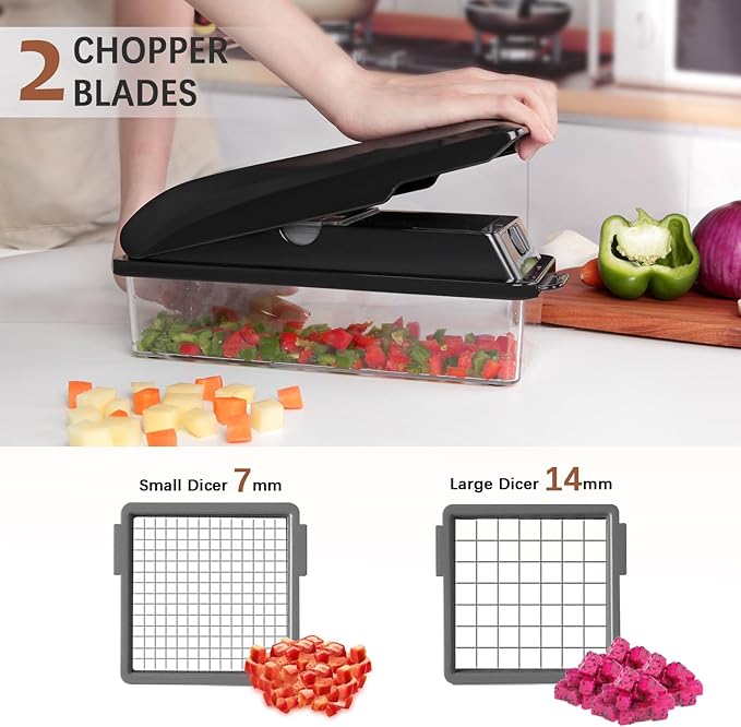 LHS Professional Multifunctional Vegetable Chopper Pro Food Chopper with Food Storage Containers, Mandoline Slicer Onion Dicer Fruit Cutter, Kitchen Gadgets and Home Essentials(7 in 1, Black)