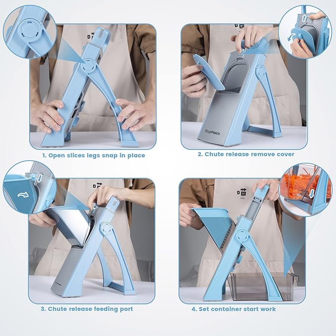 SupMaKin Upgrade Safe Mandoline Slicer Plus, Adjustable Vegetable Chopper Potato Slicer Onion Chopper, French Fries Cutter, Veggie Salad Chopper Kitchen Chopping Artifact (LightBlue)