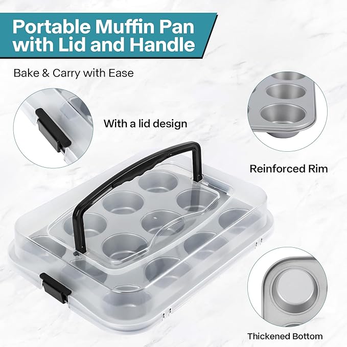 Spmarkt 2-Pack Cupcake Pan with Lid, 12-Cup Nonstick Muffin Pan with Handle – Cupcake Carrier for Baking & Transporting, Perfect for Party, Holiday, Gathering