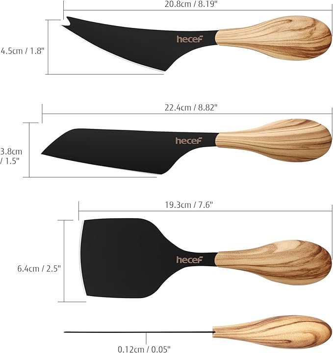 hecef Cheese Knife Set of 3, Includes Pronged, Hard Cheese & Chisel Knife, Matte Black Stainless Steel Knives with Wood Grain Handles, Cheese Tools for Charcuterie Boards, Entertaining, Feast