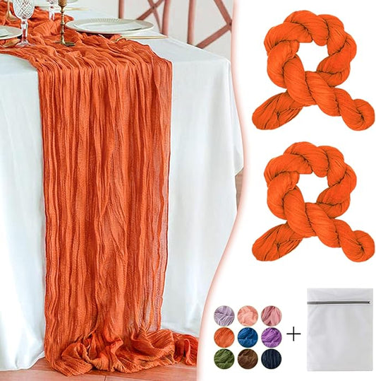 Orange Cheesecloth Table Runner 2 Pack 35" Boho Gauze 120 inches Long Runner Rustic Sheer Fabric Bulk for Baby Shower Wedding Bridal Birthday Party Picnic Table Decorations
