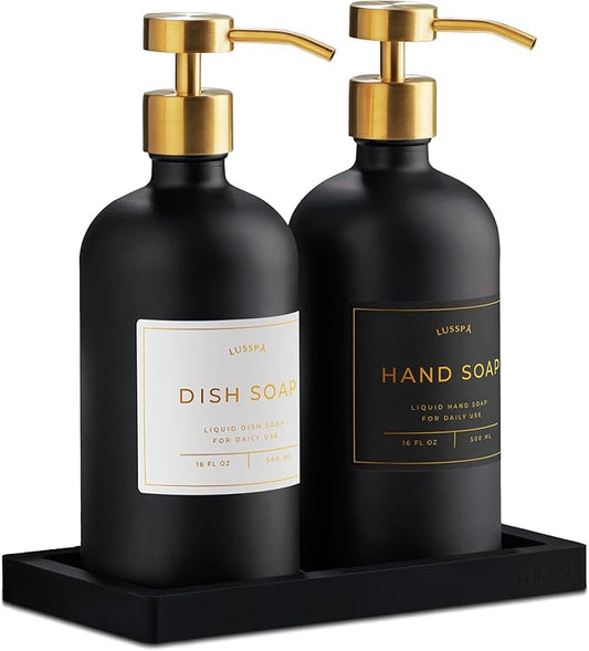 Lotion, Hand & Dish Soap Dispenser for Kitchen & Bathroom | Soap Dispenser Set of 2 16.8 Oz Glass Bottles with Stainless Steel Pump, 15 Water Proof Labels & Silicon Tray (Black/Gold)