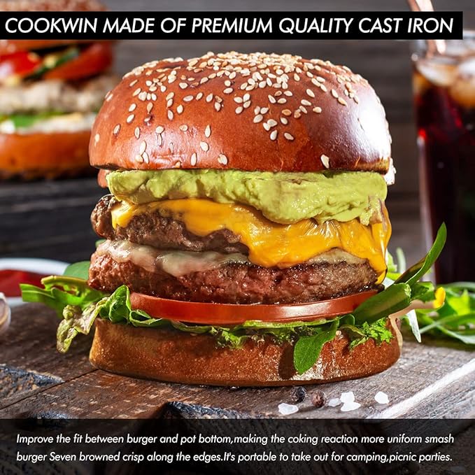 Heavy Duty Cast Iron Smashed Burger Press Kit, 6" Hamburger Smasher with Non-Slip Handles, Bacon Meat Weight Press for Steak, Smashburger, Grill and BBQs
