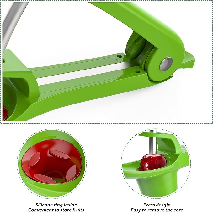 Cherry Pitter - Ordekcity Stainless Steel Cherries Corer Pitter Tool with Hand-held Push Design, Save Time & Space for Making Cherry Jam with Lock Design(Green)