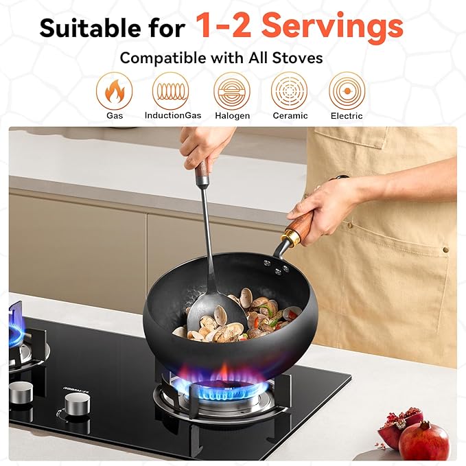WANGYUANJI 9.5" Carbon Steel Wok - [Heavy-Duty & Thickened Base] - Deep Bowl Stir Fry Pan for Induction, Electric & Gas - Warp-Resistant, Splatter-Free Design with Lid (1-2 Person)