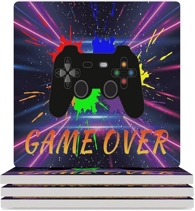 Square-4PCS Gamer Drink Coasters, Square Modern Ceramic Absorbent Coasters, Gaming Graffiti Gamepad Colorful Game Controller Cool Gamer Decor Desk Coffee Table Coaster for Beverage Cup Tea Coasters