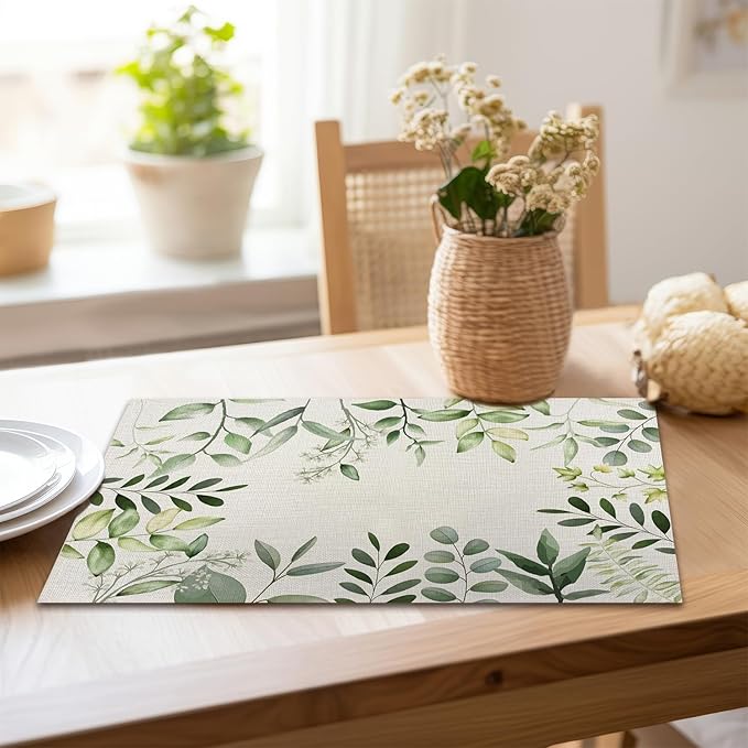 Eucalyptus Rustic Placemats Cottagecore Botanical Tablemats Resistant Place Mats Kitchen Decor Dining Decoration for Party, Washable Floral Placemats Set of 4-05