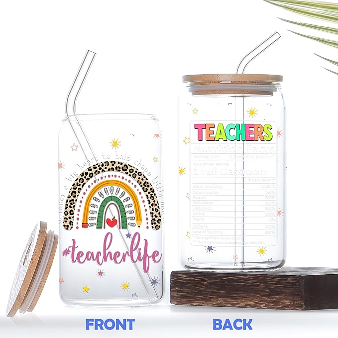 Teacher Appreciation Gifts 16 Oz Glass Cup with Lid and Straw It Takes Big Heart To Help Shape Little Minds Coffee Tumbler Birthday Christmas Thank You Gift for Teachers Women Coworkers