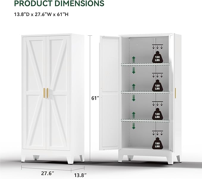 Kitchen Pantry Cabinet with Barn Doors,61" H x 27.5" W,Metal Farmhouse Storage Cabinet with Adjustable Shelves,4-Tier Storage Cabinet for Kitchen Dining Room Garage Office,White
