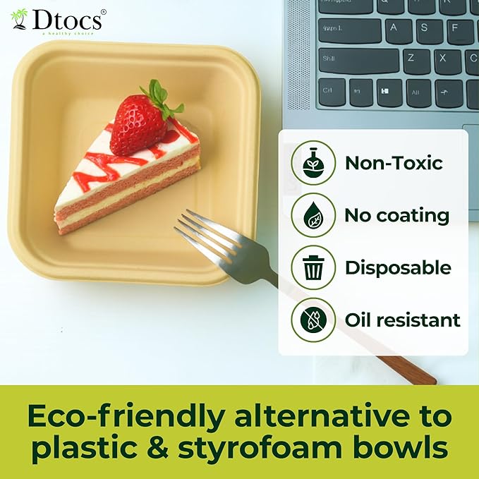 Dtocs Bamboo Fiber Disposable Bowls – 32 Oz, 50 Pk | Bamboo Square Bowl | Microwavable Bagasse Bowl like Soup, Cake, Salsa, Salad bowls | Disposable Dinnerware Sub Paper, Plastic, Styrofoam, Leaf