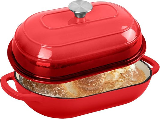 Fijxzct Premium Enameled Cast Iron Dutch Oven for Bread Baking | Non-Stick 5QT Oval Bread Oven with Lid | Perfect for Sourdough, Loaf, and Artisan Baking (Oval Red, 5 QT)