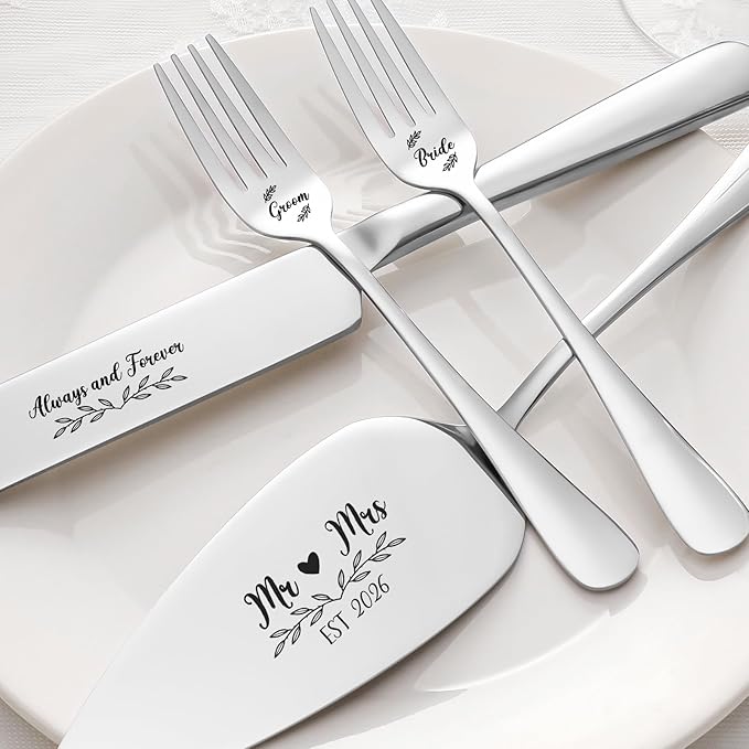 Wedding Cake Knife and Server Set, 4 Pack Stainless Steel Cake Cutting Knife, Slicer and Forks Server for Wedding, Anniversary, Birthday(Silvery)