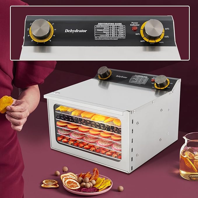 110V/60Hz Stainless Steel Food Drying Machine, 400W Silver Food Drying Machine for Home Use Countertop Food Dehydrator Modern Rectangular Temperature Range 30-90℃/86-194℉ 6 Grid Tray