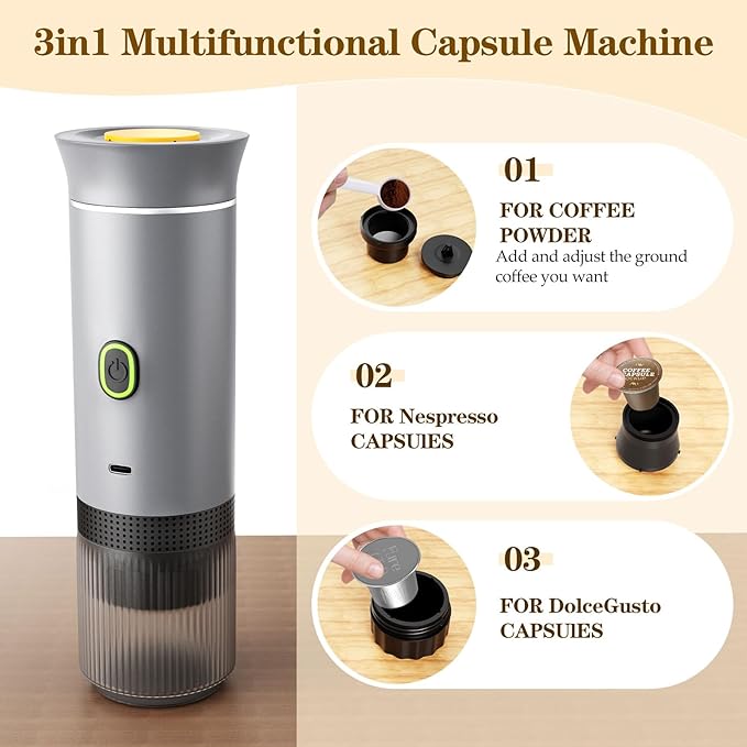 Lmozim Portable Coffee Maker, Espresso Machine for camping, Travel Coffee Maker with USB-C, 3-in-1 Small Espresso Machine with Ground Coffee & Capsules (NS＆DG) for RV, Hiking, Office(Silver)