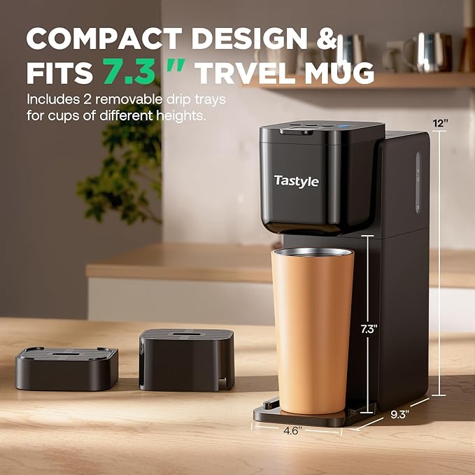 Tastyle Single Serve Coffee Maker Hot and Iced with Bold Brew, Small Coffee Machine for K Cup and Ground, Fits 7.3'' Travel Mug, Brews up to 16 Oz, 5 Cup Sizes, Compact for Office, RV& Hotel, Black