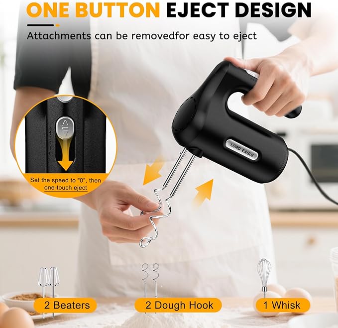 Lord Eagle 5-Speed Hand Mixer Electric Heldhand, 300W Compact Mixer for Baking, Egg Beater, Blending or Cooking, Portable & Lightweight, 5 Accessories, Black