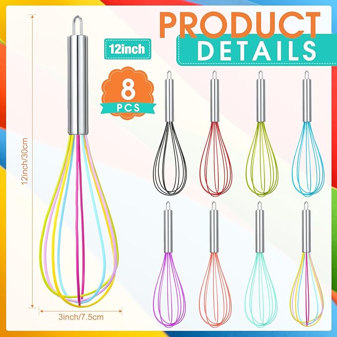 Domensi 8 Pcs 12 Inch Whisks Bulk for Cooking Silicone Whisks Non Scratch Stainless Steel Egg Beater Colorful Coated Metal Heat Resistant Egg Beaters for Valentines Day Party Favor Gift Supplies