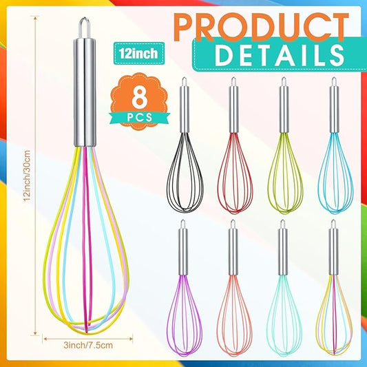 Domensi 8 Pcs 12 Inch Whisks Bulk for Cooking Silicone Whisks Non Scratch Stainless Steel Egg Beater Colorful Coated Metal Heat Resistant Egg Beaters for Valentines Day Party Favor Gift Supplies