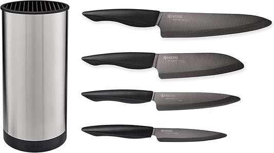 Kyocera 5 piece Ceramic Knife Block Set, Black Patented Blade Sizes: 7", 5.5", 5", 4.5", Stainless