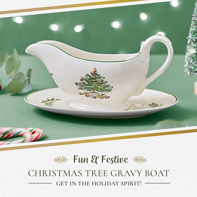 Spode Christmas Tree 9 Oz Gravy Boat & Stand - Festive Stoneware Sauce Boat with Tray for Holiday Gatherings, Serveware for Gravy, Sauces & Syrups - Microwave, Dishwasher & Oven Safe