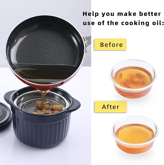 ONTUBE Ceramic Bacon Grease Container Keeper with Strainer, Frying Oil Storage Can, Navy