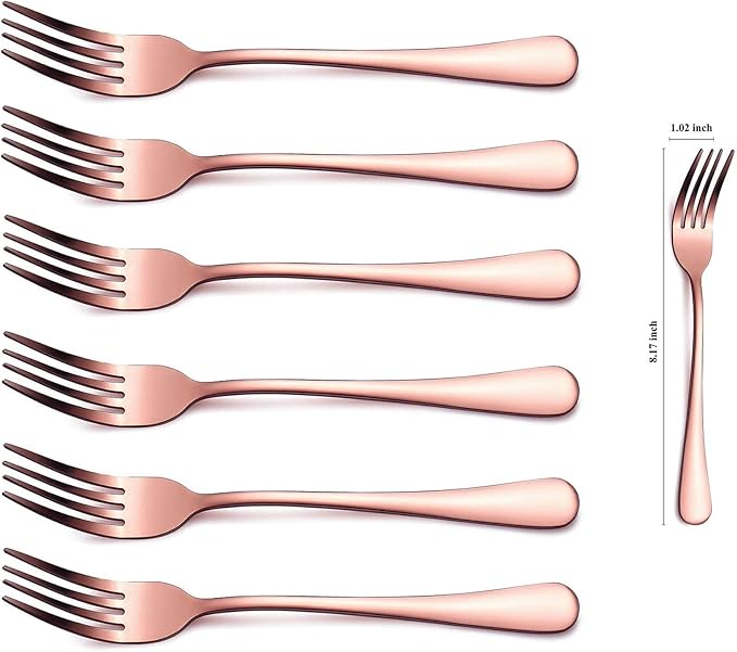 Kyraton Rose Gold Dinner Fork 6 Pieces, Stainless Steel 8.17 Inch Forks Rose Gold Titanium Plating Silverware, Copper Forks Set of 6