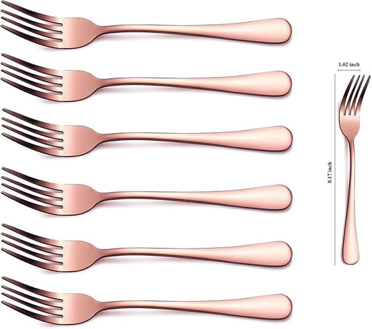 Kyraton Rose Gold Dinner Fork 6 Pieces, Stainless Steel 8.17 Inch Forks Rose Gold Titanium Plating Silverware, Copper Forks Set of 6