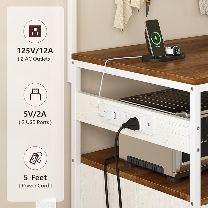 TVU Bakers Rack with Power Outlet and LED Light, Microwave Stand with Storage Cabinet, Coffee Bar Cabinet Station with 6 Hooks for Kitchen, Dining Room, Living Room, Coffee Bar, Walnut, White
