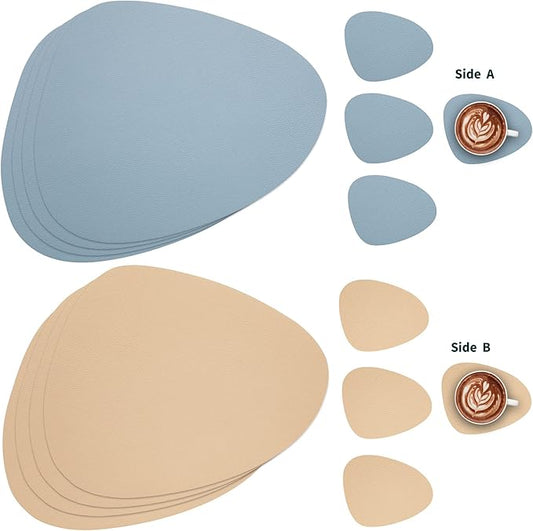 Myir JUN Placemats, Dual-Sided Placemats Waterproof Faux Leather Placemats Set of 6 Place Mats and Coasters Non-Slip Washable Table Mats for Dining Table (Camel Yellow Light Blue, Set of 6)