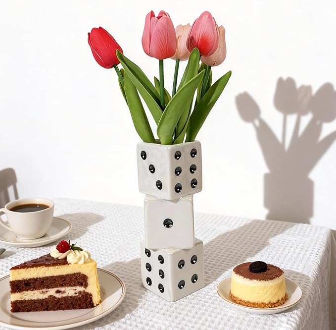 Modern Ceramic Dice Vase - Small Unique Decorative Vase for Dried Flowers, Roses and Pampas Grass | Ideal Centerpiece for Living Room, Coffee Table - Single Stem Bud Vase Gift for Home Decor