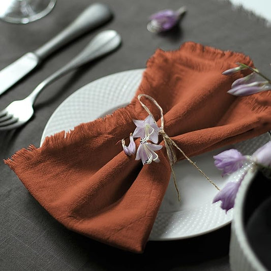 Handmade Cloth Napkins 100% Cotton Napkins with Fringe，Delicate Handmade Cloth Napkins for Dinners, Parties, Weddings and More，18 x 18 Inch Set of 12 - Terracotta