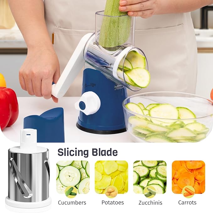 Rotary Cheese Grater Hand Crank, 3 Blades Slicer Shredder, Cheese Grater for Kitchen, Multi-Functional Kitchen Tool for Vegetables, Nuts, Chocolate, with Strong Suction Base, Dark Blue