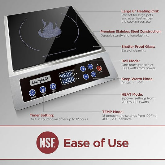 ChangBERT Portable Induction Cooktop Enhanced Version, One-Click Max Power 1800W Large Heating Coil Burner, Precise Temperature Control, NSF Certified, Low Noise Hot Plate for Home & Commercial