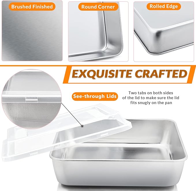 E-far 8 x 8-Inch Square Baking Pan with Lid, Stainless Steel Square Cake Brownie Pan, Fit for Toaster Oven, Non-toxic & Healthy, Easy Storage & Dishwasher Safe - 2 Pieces