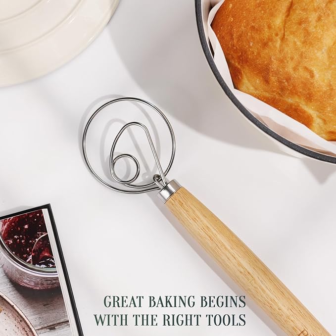 BRIVANA 13-Inch Danish Dough Whisk – Wooden Handle with Stainless Steel Single Loop – Bread Whisk for Sourdough, Pizza Dough, Cake Batter and Artisan Bread Baking