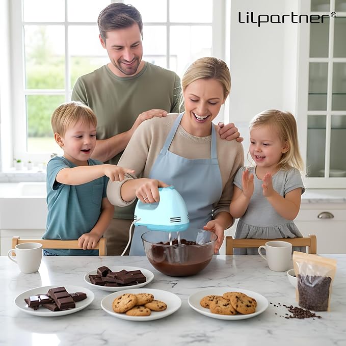LILPARTNER Hand Mixer Electric, Small Food Mixer 7 Speeds Handheld Blender,304 *(1* Whisk, 2* Beater, 2*Dough Hook) Kitchen Blender for Cream, Cookies, Dishwasher Safe, Blue