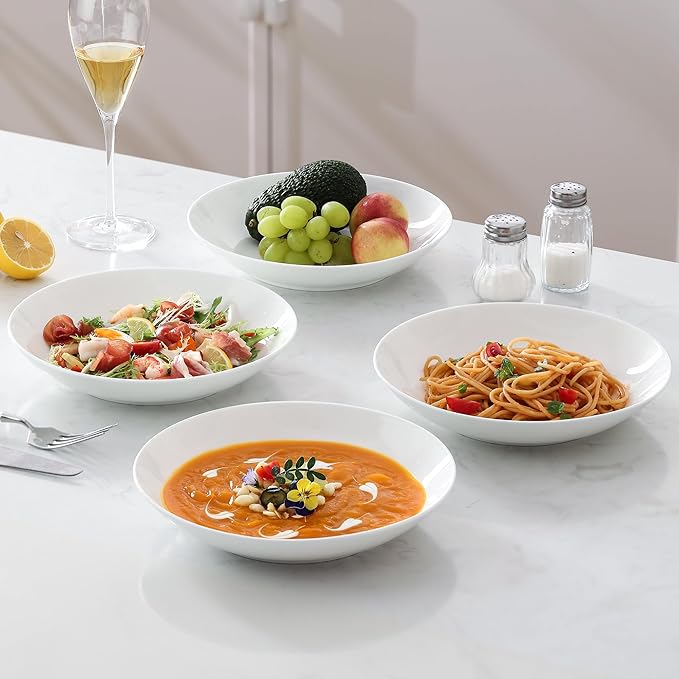 Bone China Pasta Bowls Set of 6, 25.7oz Salad Bowl White Soup Bowls, 8 inch Pasta Bowls Lightweight Wide Shallow Kitchen Plates for Serving Dinner - Microwave Dishwasher Safe, Kitchen Gifts
