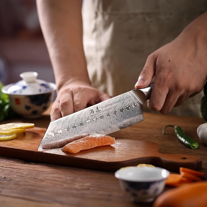 SHANGDAO 8 Inch Kiritsuke Chef Knife, Kitchen Slicing Knife Forged Damascus Steel with Blue and White Resin Handle - Full Tang - HUA Series