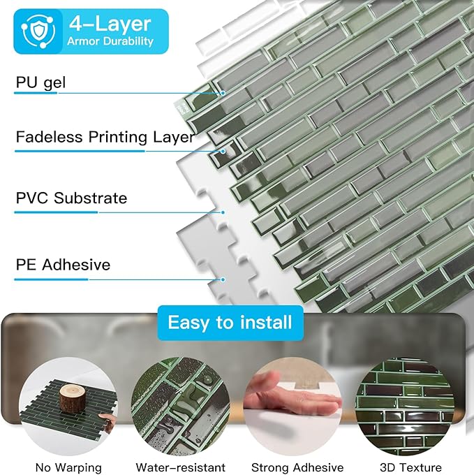 Art3d 10-Sheet Heavy-Duty Peel and Stick Backsplash, Waterproof Wall Tiles Stick on Kitchen Backsplash Living Space, Dark Green