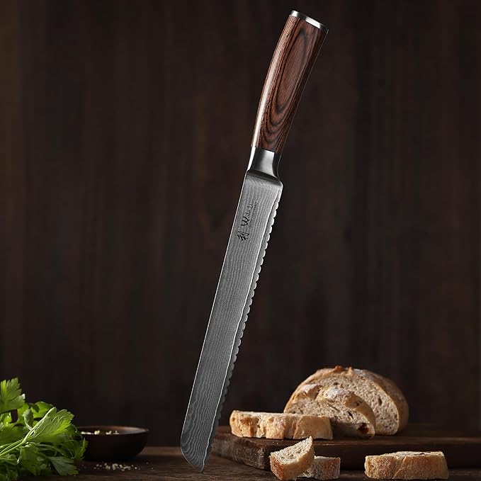 Wakoli EDIB Damascus Bread Knife – 9.1-Inch Long Serrated Blade with VG10 Core, Professional Kitchen Knife made of 67-Layer Damascus Steel & Ergonomic Pakkawood Handle in Premium Gift Box