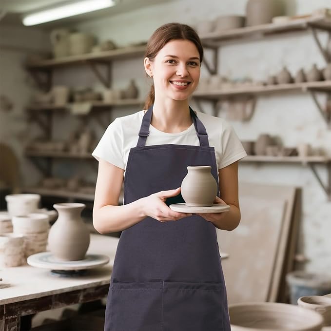 Kitchen Bib Apron for Women Men with Pockets Chef Art Aprons for Cooking Painting Pottery Ceramics