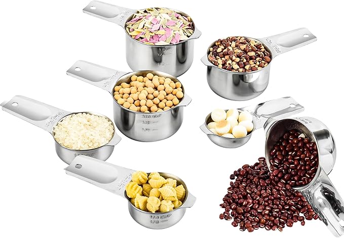 Measuring Cups Set, 7-Piece 18/8 Stainless Steel Measuring Cups Set, Metric & US Metal Measuring Tools Set - 1/8, 1/4, 1/3, 1/2, 2/3, 3/4&1 Measure Cup for Dry&Liquid Ingredients During Baking